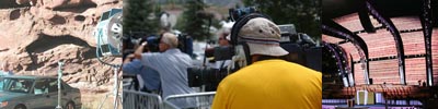 Camera crews and sound men (sound people) on an ENG / News assignment in Eagle Colorado. News coverage on Kobe Bryant.